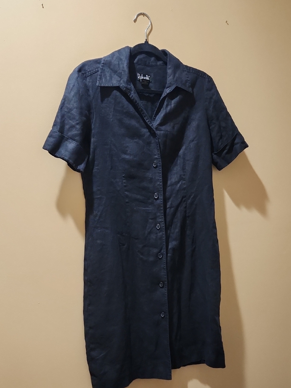 Black 100% Linen Short-Sleeve Button Front Dress
